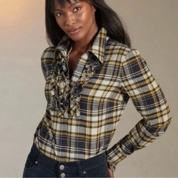 Cabi Womens Navy & Mustard Plaid Button-Up Shirt With Ruffle Front Detail Size L - Picture 1 of 6